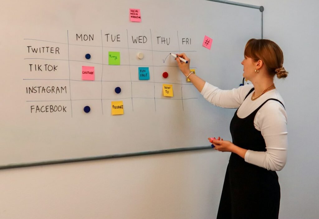 Person planning a social media content calendar on a whiteboard